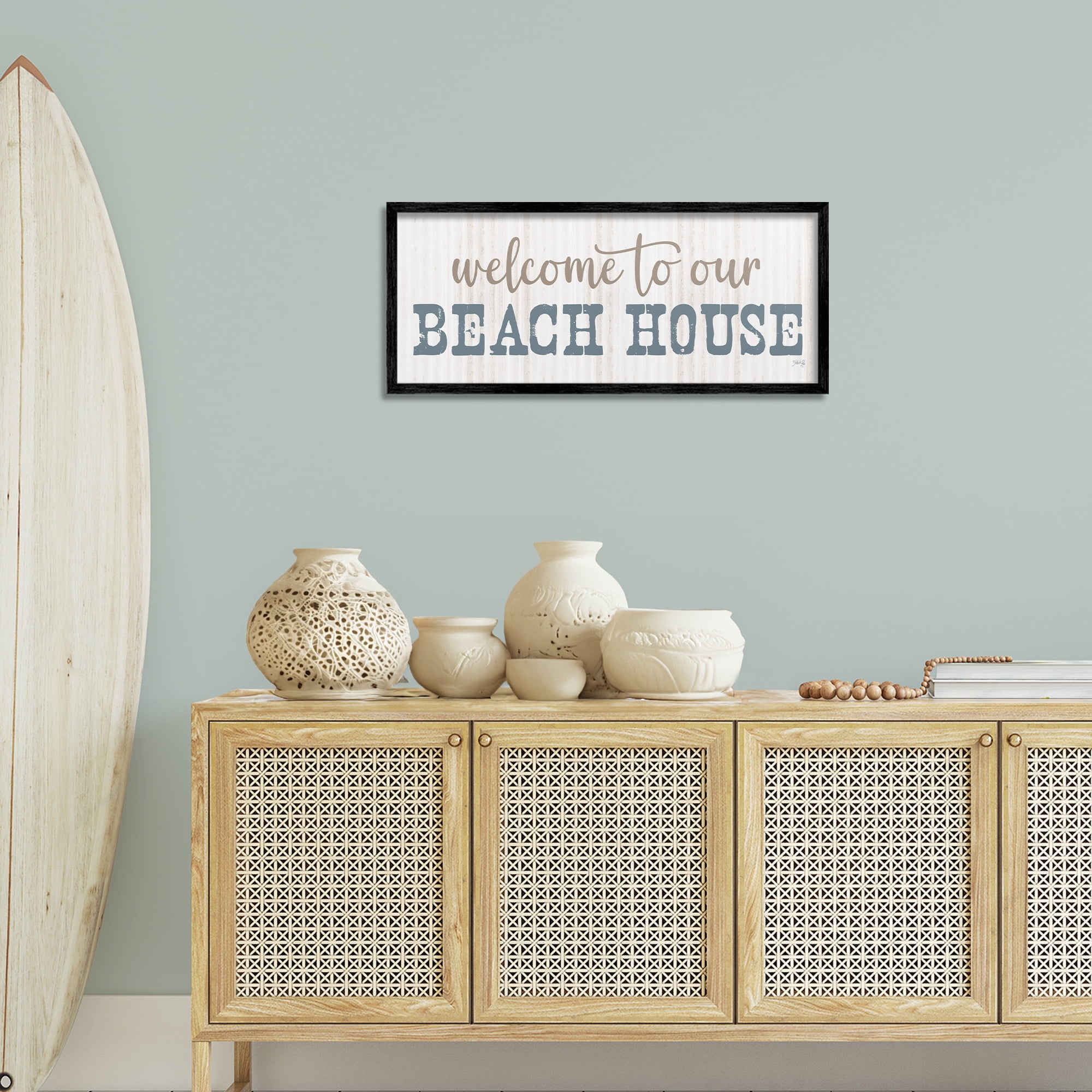 Stupell Industries Welcome Beach House Typography Painting Black Framed Art Print Wall Art, 30 x 13