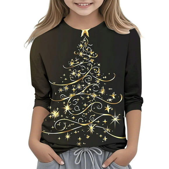 Colorful Boy Girl Happy Holiday Christmas Brunch T Shirt for Children Boy Girl Fall Winter Long 3/4 Sleeve Boat Neck Print Thermal Tops Shirts Child 2025 Clothes 7 Years
