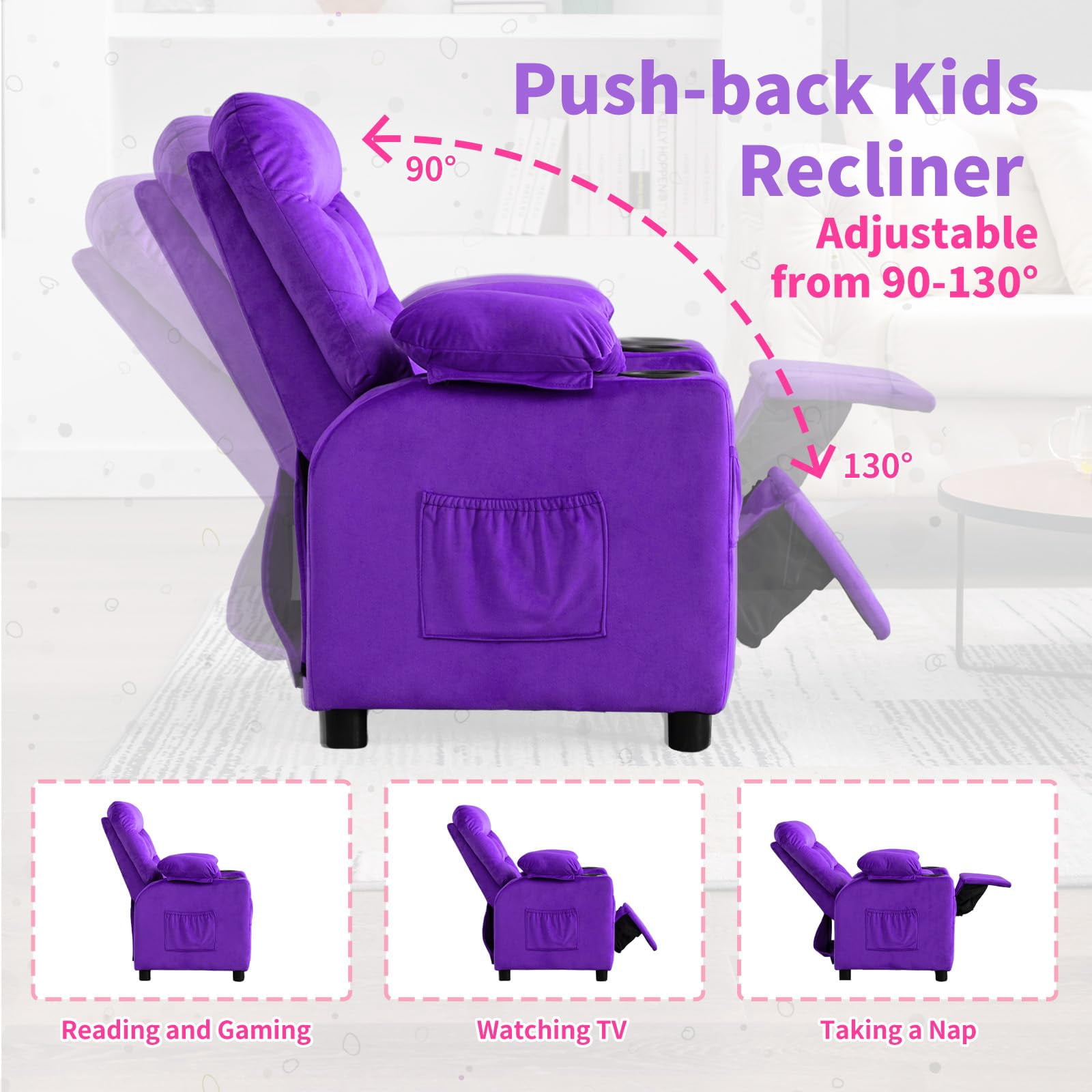 Linor Kids Recliner Chair, Adjustable Velvet Lounge with Cup Holder, Footrest, Side Pockets, Purple