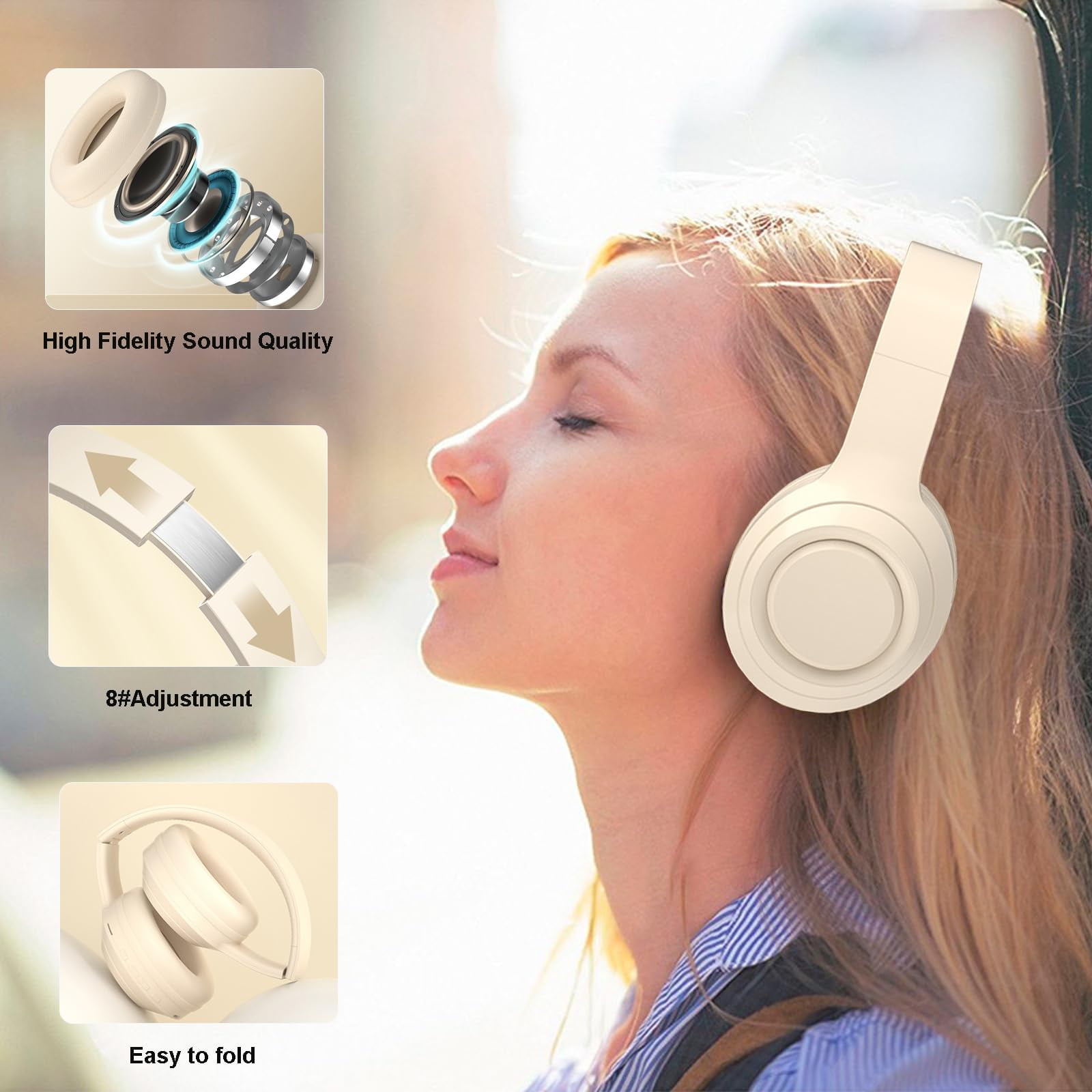 Wireless Bluetooth Headphones, Foldable Over-Ear Headset with Hi-Fi Stereo Sound, Built-in Mic for Gaming/Office/Online Class, Lightweight, 40-Hour Battery Life