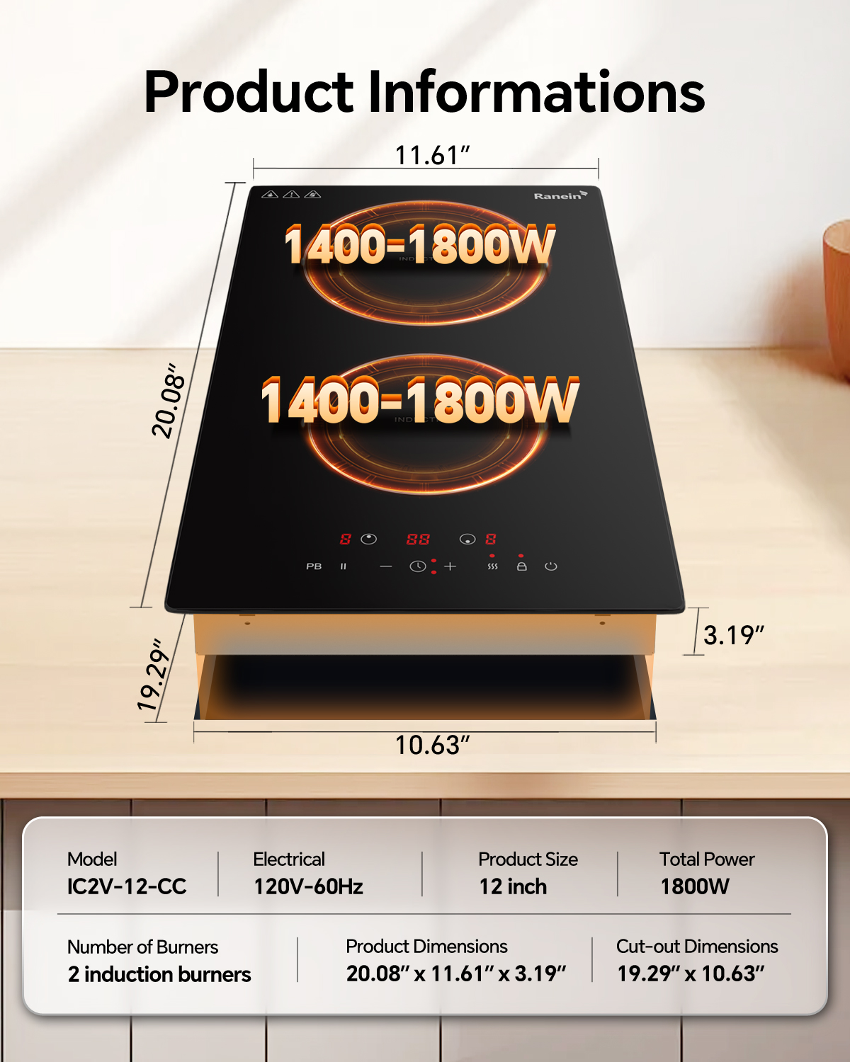 Induction Cooktop 12 Inch, Build-in 2 Burners Electric Stove Top, 9 Power Settings, Max 1800W, Sensor-Control Induction Hob with Multiple Safety Protections, Compatible with Magnetic Cookers