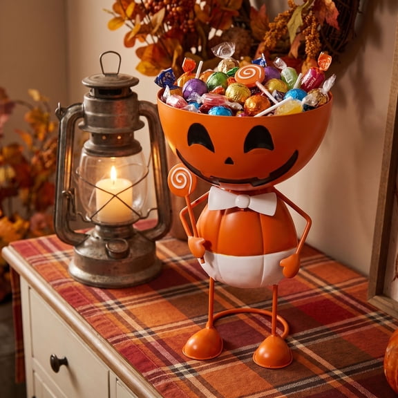Pumpkin Man Halloween Candy Bowl Holder, Metal Jack O Lantern Treat Container Tabletop Decor for Trick or Treat Party Home Decoration