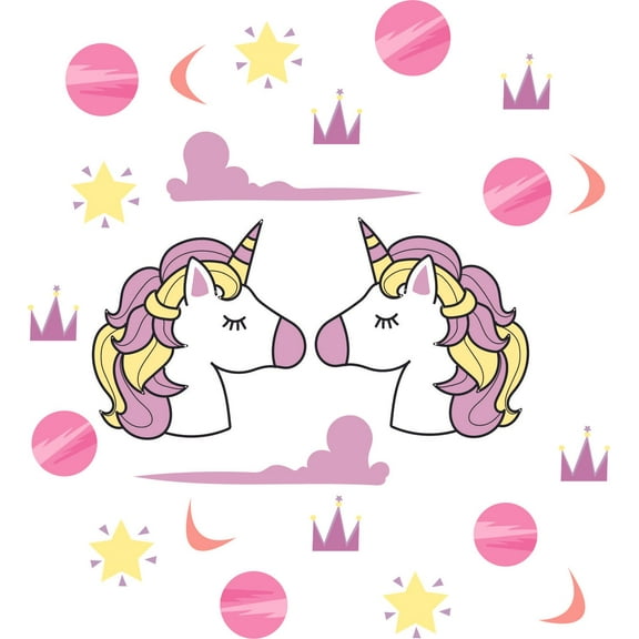 DIY Vinyl Kids Bedroom Nursery Art Decor Multicolored Unicorns Planets Moon & Stars Removable Wall Decal Sticker - 10" x 15" Adhesive Home Bedroom Playroom Horse Pony Clouds Design Wall Decoration