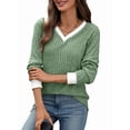 thumbnail image 2 of Women V Neck Color Block Long Sleeve Shirts-Casual Fall Light-Weight Tunic Sweaters Fashion Outfits Green S, 2 of 10