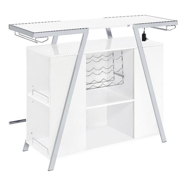 Pemberly Row Armoire à Vin 52 Pouces avec Rangement et Étagères en Blanc et Acier Chromé