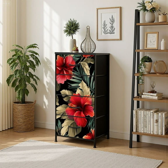 4 Drawer Vertical Storage Dresser Tropical hibiscus floral green palm leaves black with Wood Top Fabric Pull Drawers
