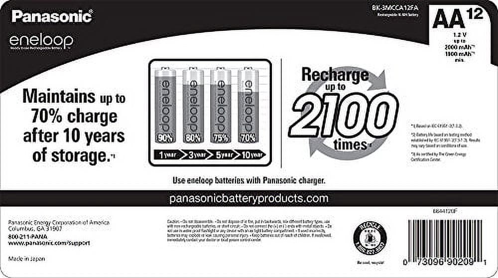Panasonic BK-3MCCA12FA eneloop AA 2100 Cycle Ni-MH Pre-Charged Rechargeable Batteries, 12-Battery Pack