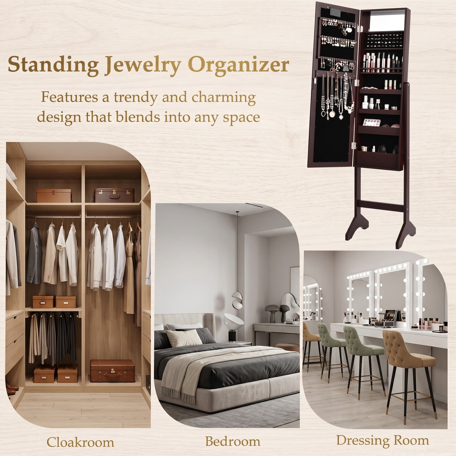 Furnibear Freestanding Mirrored Jewelry Cabinet Armoire Organizer with Full-Length Mirror and 18 LED Lights for Bedroom, Brown
