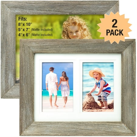 Picture Frame Pen Holder Rustic Barnwood 8x10 Picture Frame Set. Photo Frames Holder for Wall Desktop or Tabletop Display. Thick Weathered Gray Wood Home Decor. Fits 8x10 or 5x7 or 4x6 with included Matte (Pack of 2) ()
