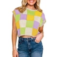 thumbnail image 2 of Womens Cap Sleeve Crop Tops Summer Color Block Going Out Crew Neck Knit Trendy Casual Sweater, 2 of 5