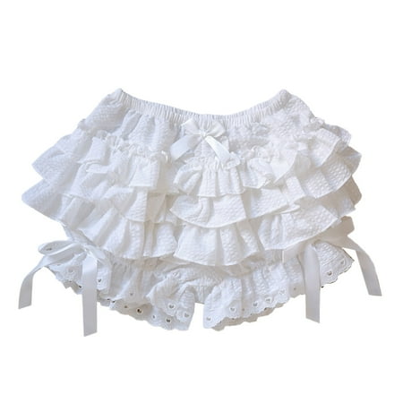 Sinleey Women s Lace Trim Ruffle Bloomers with Bowknot Girls Lolita Maid Shorts Panties Solid Color White L