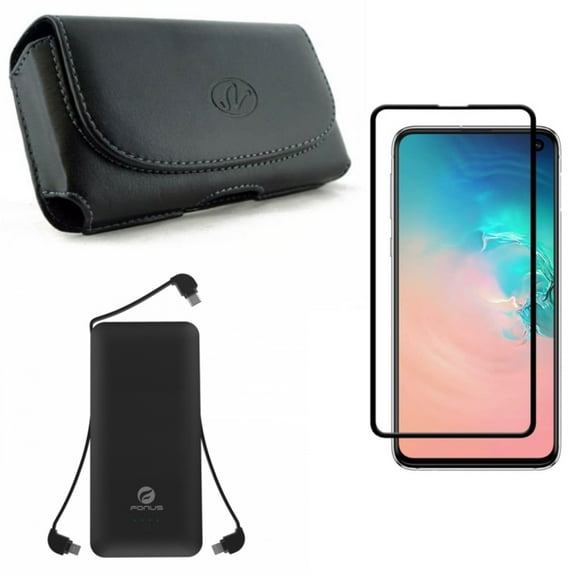 Galaxy S10e Screen Protector w 10000mAh Power Bank w Case Belt Clip - Tempered Glass 5D Curved Edge, Charger Backup Battery Portable, Leather Holster Cover for Samsung Galaxy S10e Phone
