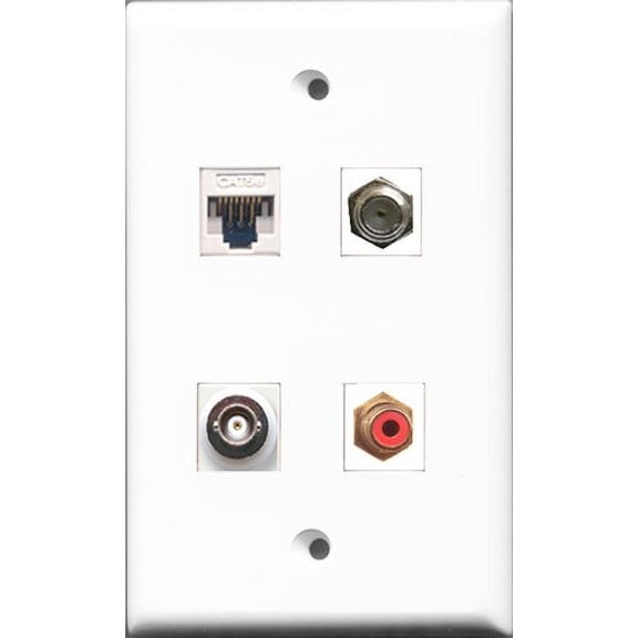 RiteAV - 1 Port RCA Red and 1 Port Coax Cable TV- F-Type and 1 Port BNC and 1 Port Cat5e Ethernet White Wall Plate