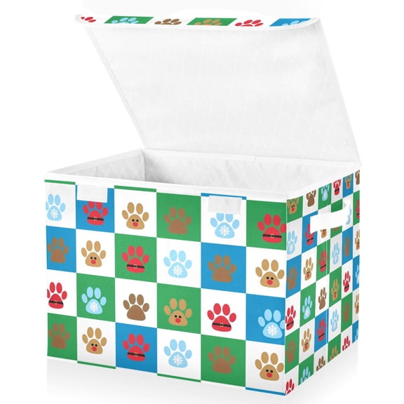Yayeee Collapsible Cube Storage Bin with Lid Fabric Closet Decorative Basket with Handles, Christmas Dog Paws Pattern