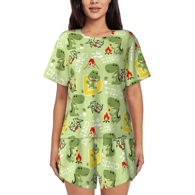 Balery Cute Dinosaurs Cartoon Conjunto de Pijama para Mujer con Estampado, Dos Piezas de Manga Corta y Shorts, Ropa de Dormir Suave con Cuello Redondo y Bolsillos-4X-Large