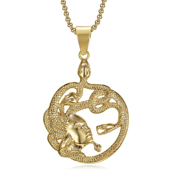 NEGS 18K Gold Plated Medusa Gorgon Snake Head Pendant 20'' Chain Medallion Ancient Greek Stainless Steel Necklace for Women