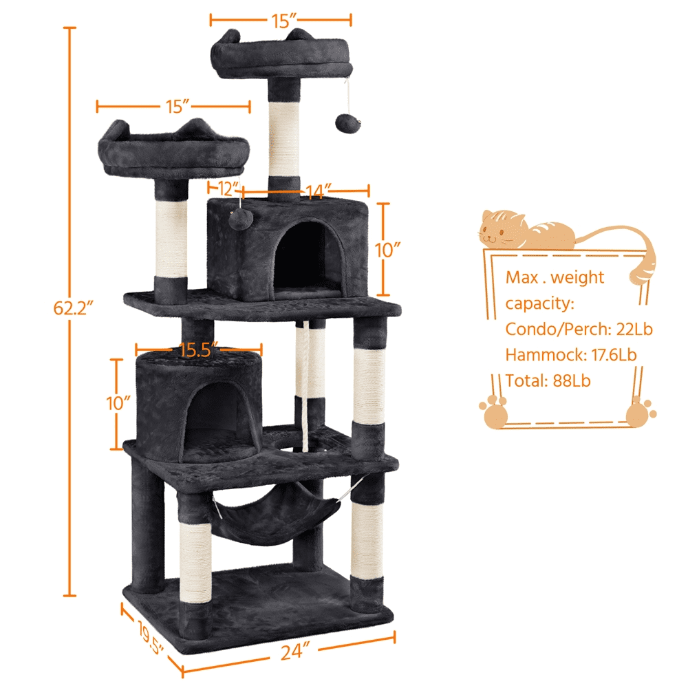 Alden Design 62" Double Condos Cat Tree and Scratching Post Tower, Black