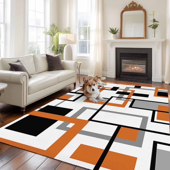 Retro Middle Large Area Rugs 8x10 ft Ages Abstract Geometric Orange Black Square Washable Rug Non Slip Indoor Carpet Absorbent Floor Mat for Living Room Bedroom Dining Room