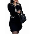 thumbnail image 2 of Womens V Neck Bodycon Sweater Dress Long Sleeve Half Button Slim Fitted Ruffle Ribbed Knit Mini Pencil Dress, 2 of 7