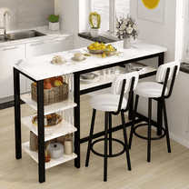BAXLUXE Bar Table and Chairs Set for 2,Small Dining Table with Storage,Faux Marble High Kitchen Bar Table Breakfast Nook Set Eating Table, White