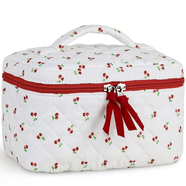 Bolsa de maquillaje Prite, grande, acolchada, de algodón, estampado floral, color rojo