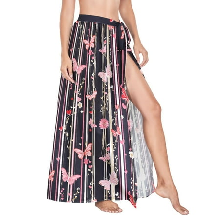 Women Sarong Wraps Butterflies on Striped Swimsuit Beach Pareo Bikini Coverups Skirt L