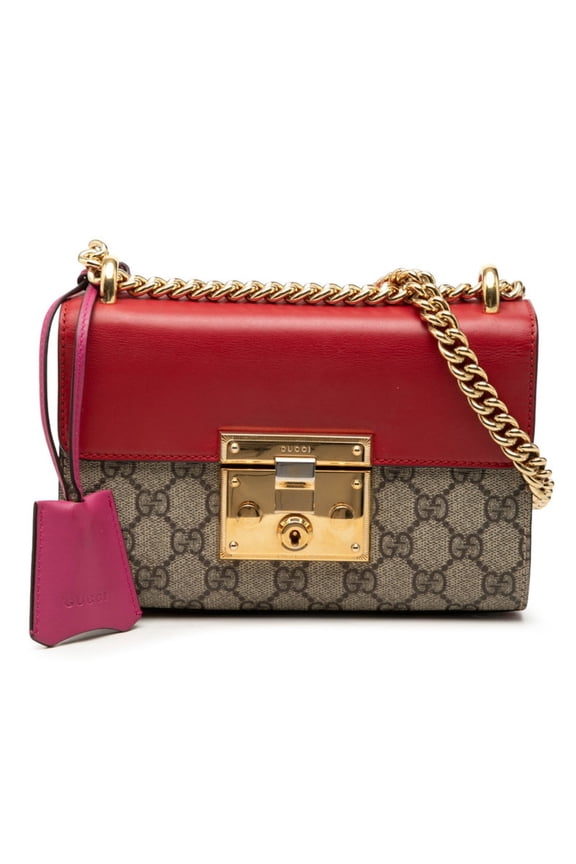 Pre-Owned Gucci GG Supreme Padlock Chain Shoulder Bag 409487 Red Beige Pink Leather Women's...