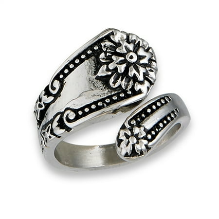 - Victorian Flower Spoon Ring Stainless Steel Open Wrap Vintage Band Size 7