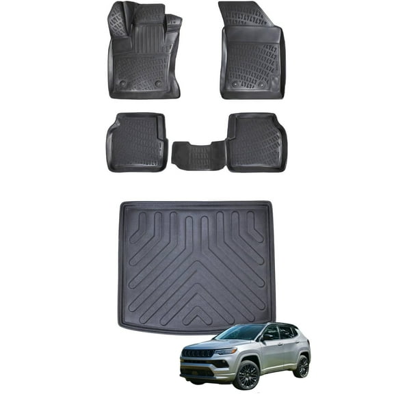 Car Floor Mats   Cargo Liner (Full SET) Compatible for Jeep Compass 2017-2023 Waterproof | All Weather