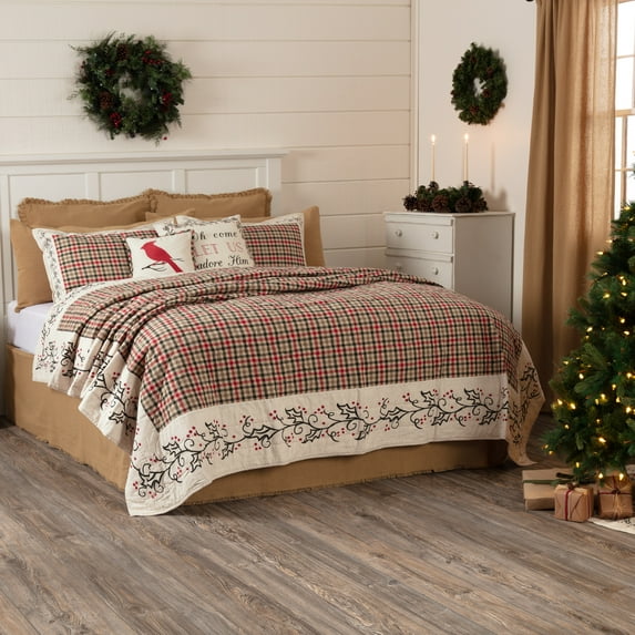 ivory white seasonal bedding hollis cotton pre-washed stenciled flax plaid king quilt