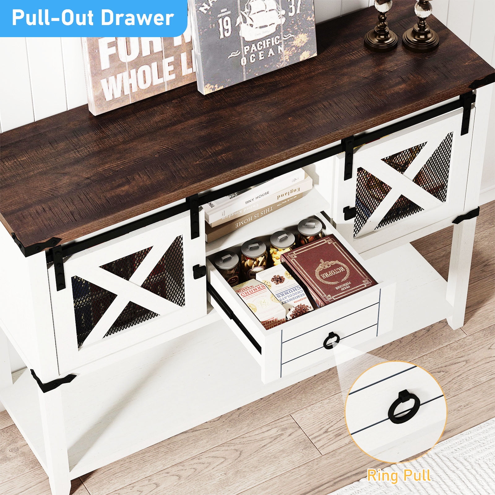 ANPOO Rustic Sofa Table, Large Console Table Entryway Table with 2 Barn Door Cabinets & 1 Drawer for Living Room