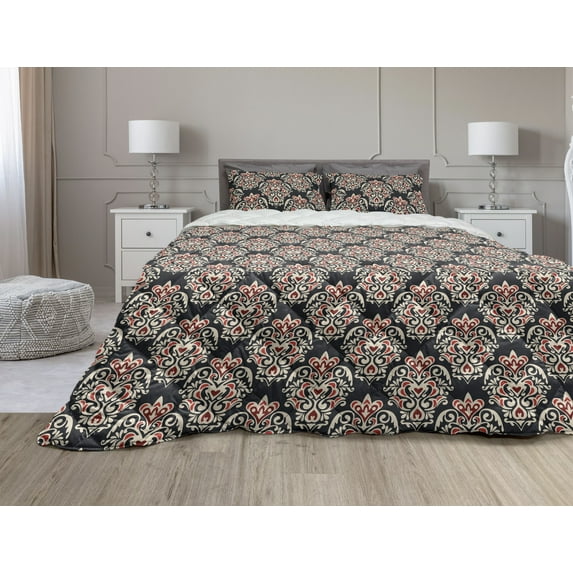 Damask Comforter & Sham Bedding Set, Classical Curly Antique with Rococo Style Details Venetian Vintage, 3 pcs Duvet Set Microfiber Filling Quilt, 5 Sizes, Black Cream Red, by Ambesonne