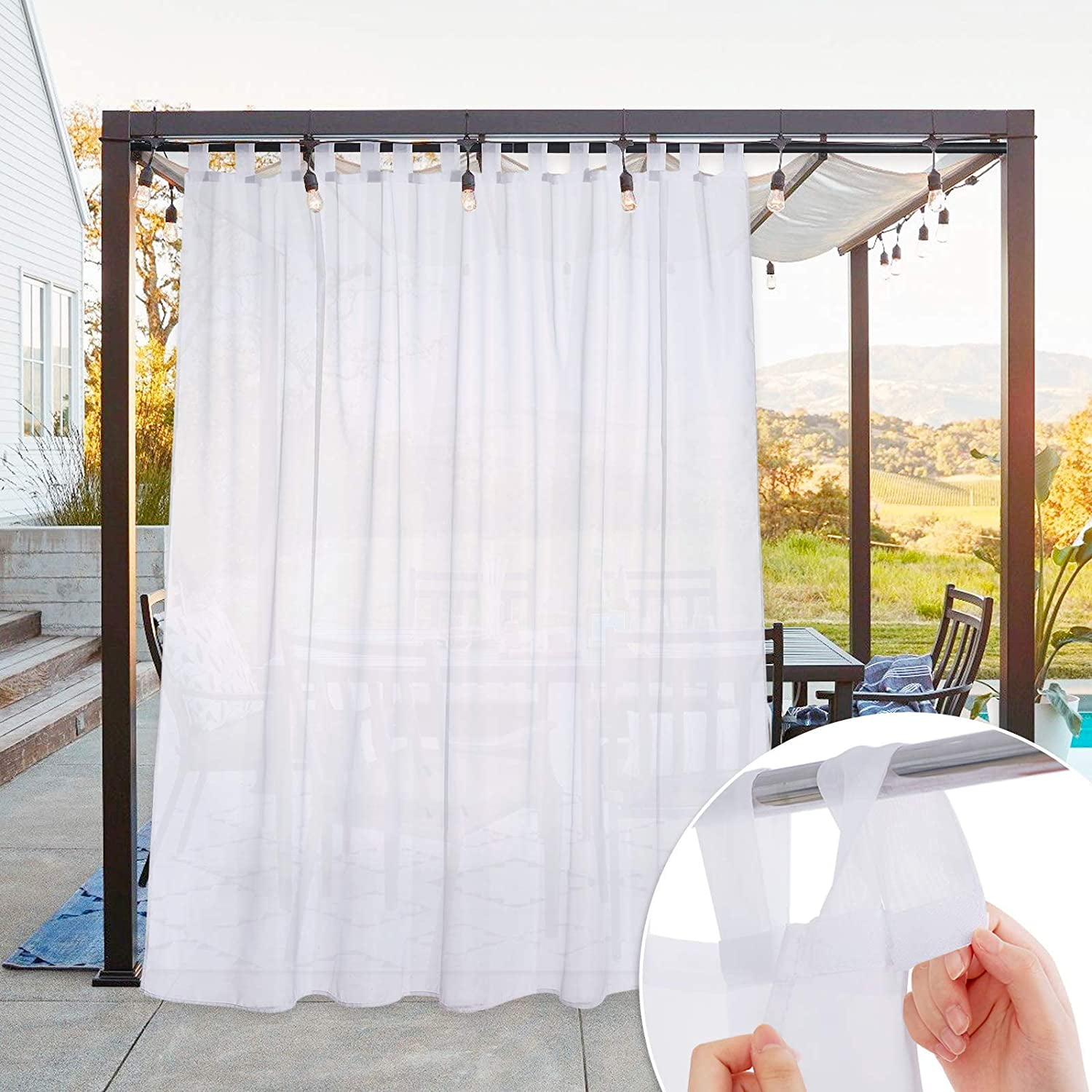 Single Panel, 54 Inch by 84 Inch, White NICETOWN White Sheer Outdoor Curtain Panel Elegant Tab Top Waterproof Curtain for Porch with Rope Tieback 