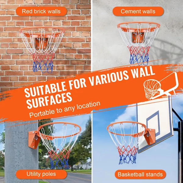 Heavy Duty Q235 Steel Basketball Hoop 18 Inch Standard Wall Door Mounted Indoor Outdoor Basketball Rim Goal with Net for Kids Adults