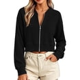 thumbnail image 3 of DIOAZUD Women's Cropped Zip up Sweatshirts Long Sleeve Full Zip Sweatshirt Jacket Collarless V Neck Casual Crop Cardigan Fall Clothes Black S-XXL, 3 of 7