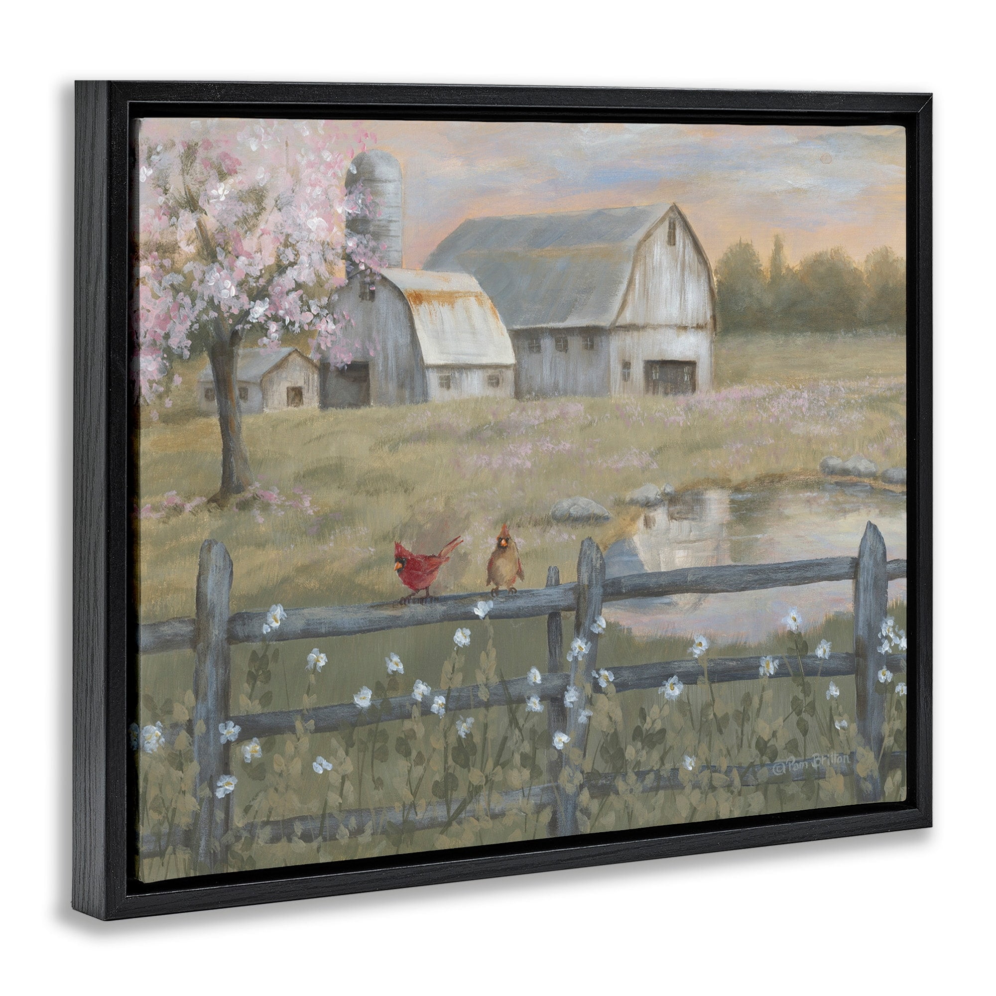 Stupell Industries Blossoming Trees Birds Perched Country Farm Fence Painting Jet Black Floating Framed Canvas Print Wall Art, Design by Pam Britton