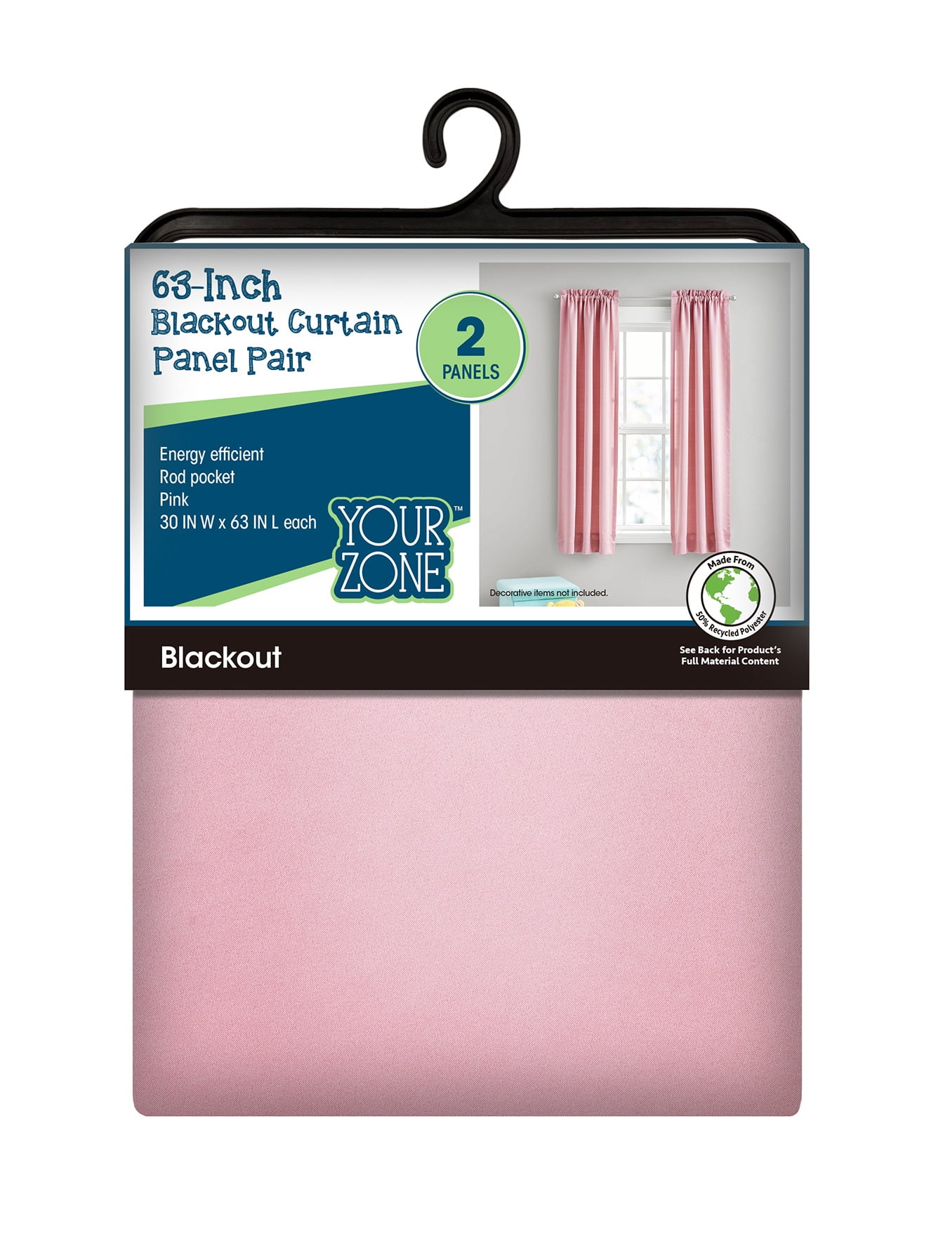 (2 pack) Your Zone Solid Blackout Rod Pocket Curtain Panel Pair, Set of 2, Pink, 30" W x 63" L