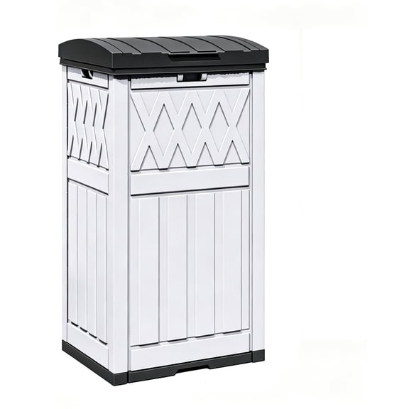 ENTU 32 Gallon Outdoor Trash Can Garbage Bin with Lid Drip Tray and Double-Lid Design for Porch Backyard Patio White & Black