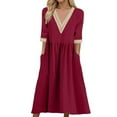 thumbnail image 1 of Vestido largo boho para mujer: vestido informal de manga corta con cuello en V, botones y bolsillos, cintura alta, 1 of 5