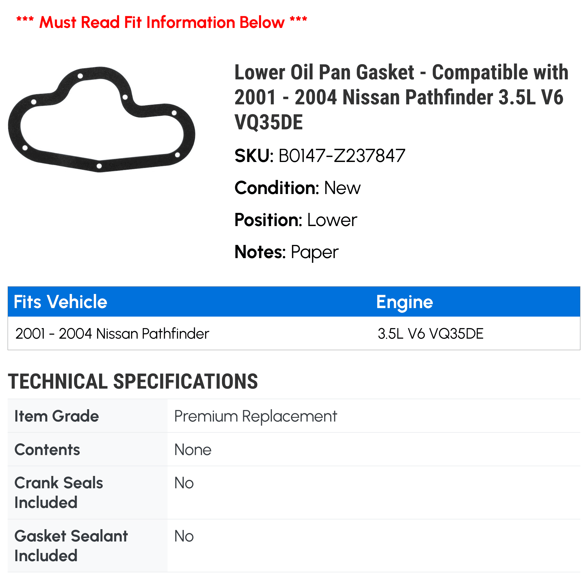 Lower Oil Pan Gasket - Compatible with 2001 - 2004 Nissan Pathfinder 3.5L V6 VQ35DE 2002 2003