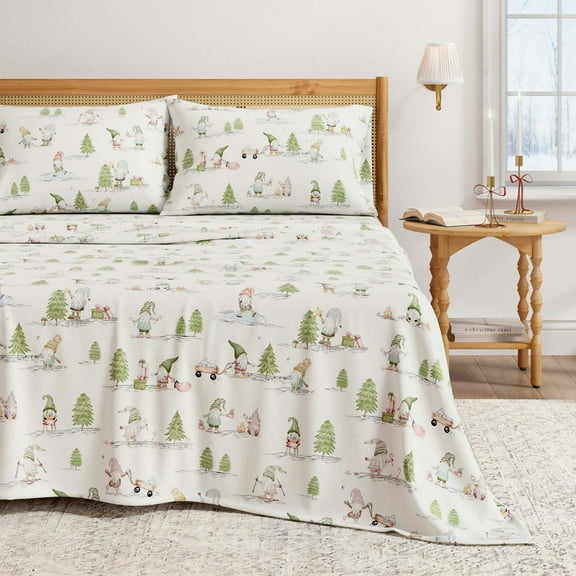 Great Bay Home 4-Piece 100% Turkish Cotton Flannel Sheet Set, Queen, Yuletide Gnomes