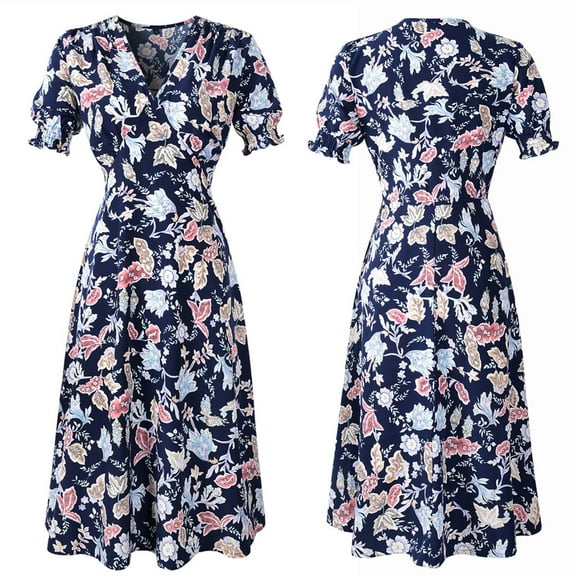 Mqqzkk Summer Dresses For Women Short Sleeve Casual Dresses V Neck Floral Printed Vacation Sundress Wrap Midi Dress with Pockets XXL