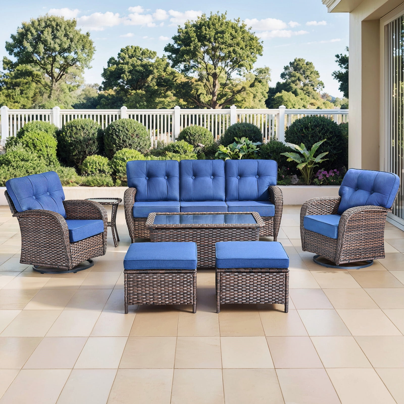 Bellefurn Luxury 7 Piece Outdoor Patio Wicker Furniture Sets with Swivel Rocker Patio Chairs,Sofa,Coffee Table and Ottomans,High Back Outdoor Conversation Set for Porch Balcony Deck