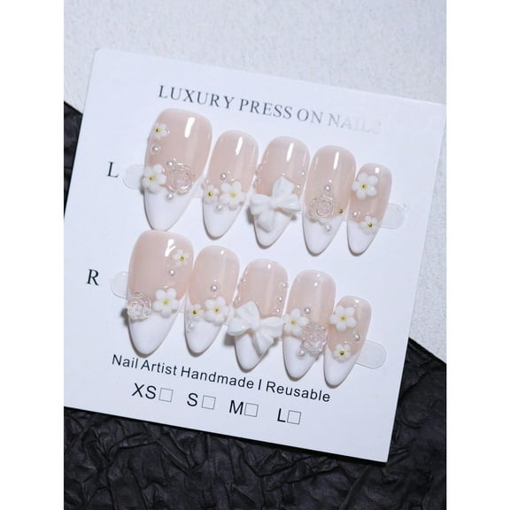 Almond French Style Press On Nails M - Handmade 3D Design