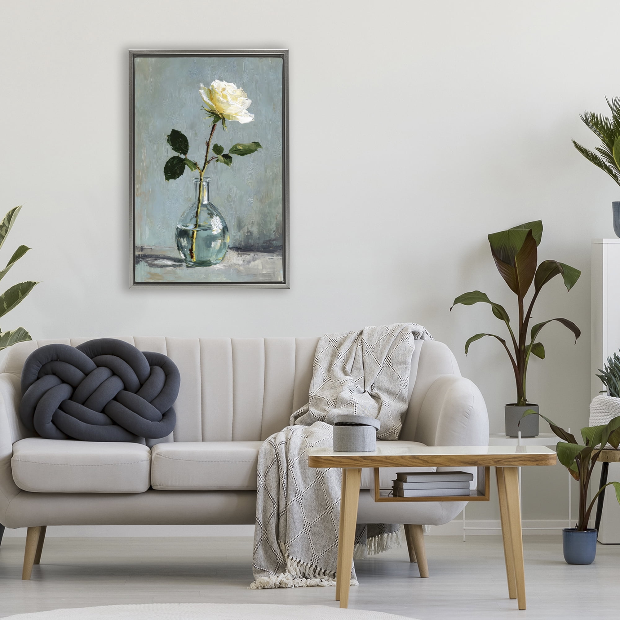 Stupell Industries Sweet White Rose in Vase Gray Framed Floater Canvas Wall Art, design by Petal Prints Design