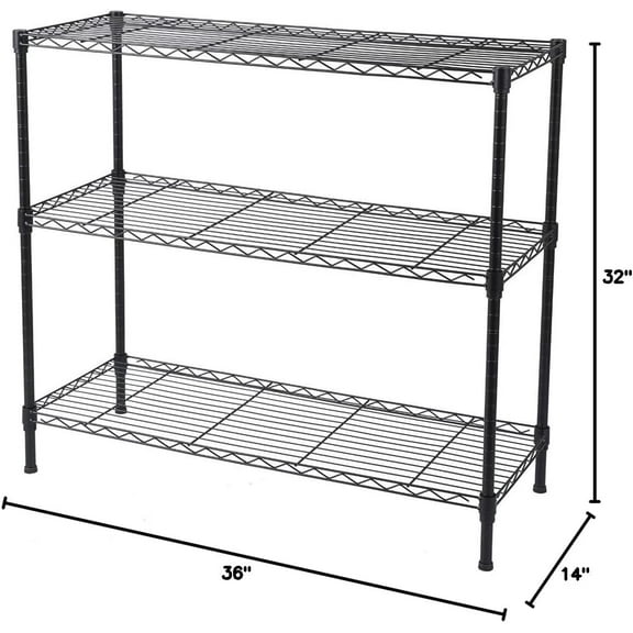 Standing Shelving Units, 36" W x 14" D x 32" H Metal Storage Shelves, Adjustable Carbon Steel Wire Shelving Rack Display Shelf for Garage Bathroom  Office (3-Tiers, Black)