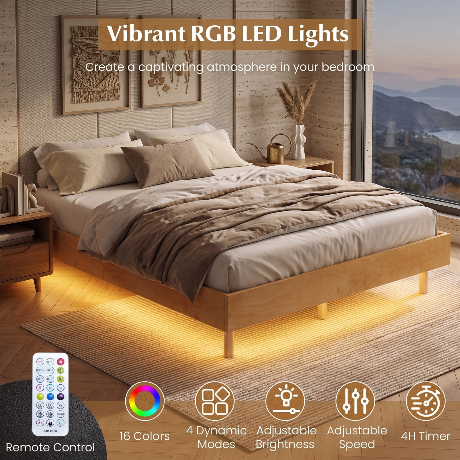 Furnibear Queen Size Bed Frame Floating Wood Platform Bed with RGB LED Lights and Remote Control for Bedroom, Natural