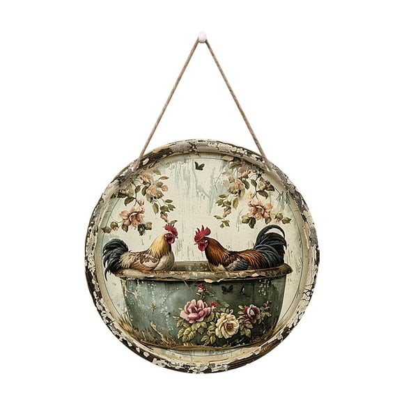 TIELUTT Wall Decoration Country Garden Ornaments Chicken Pattern Wooden Round Sign In Old Metal for Wall Antique Christmas Decorations for Home Easter Wooden Decorations Easter Signs Hanging Wall Sig