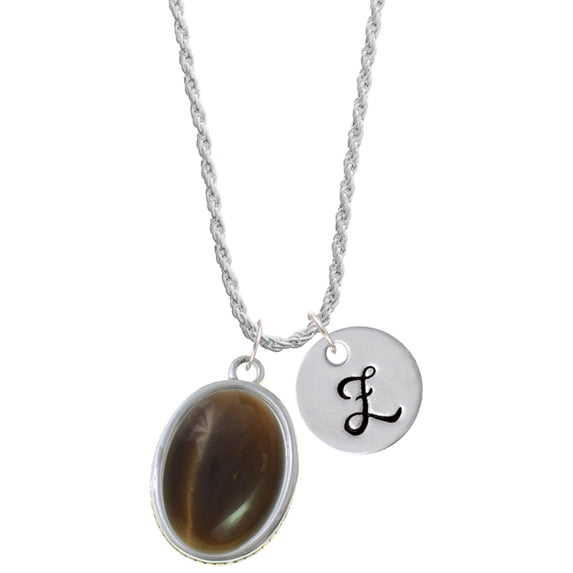 Delight Jewelry Silvertone Oval - Imitation Cat's Eye - Brown - Silvertone Script Initial Disc - Z - Charm Necklace, 20"+3"