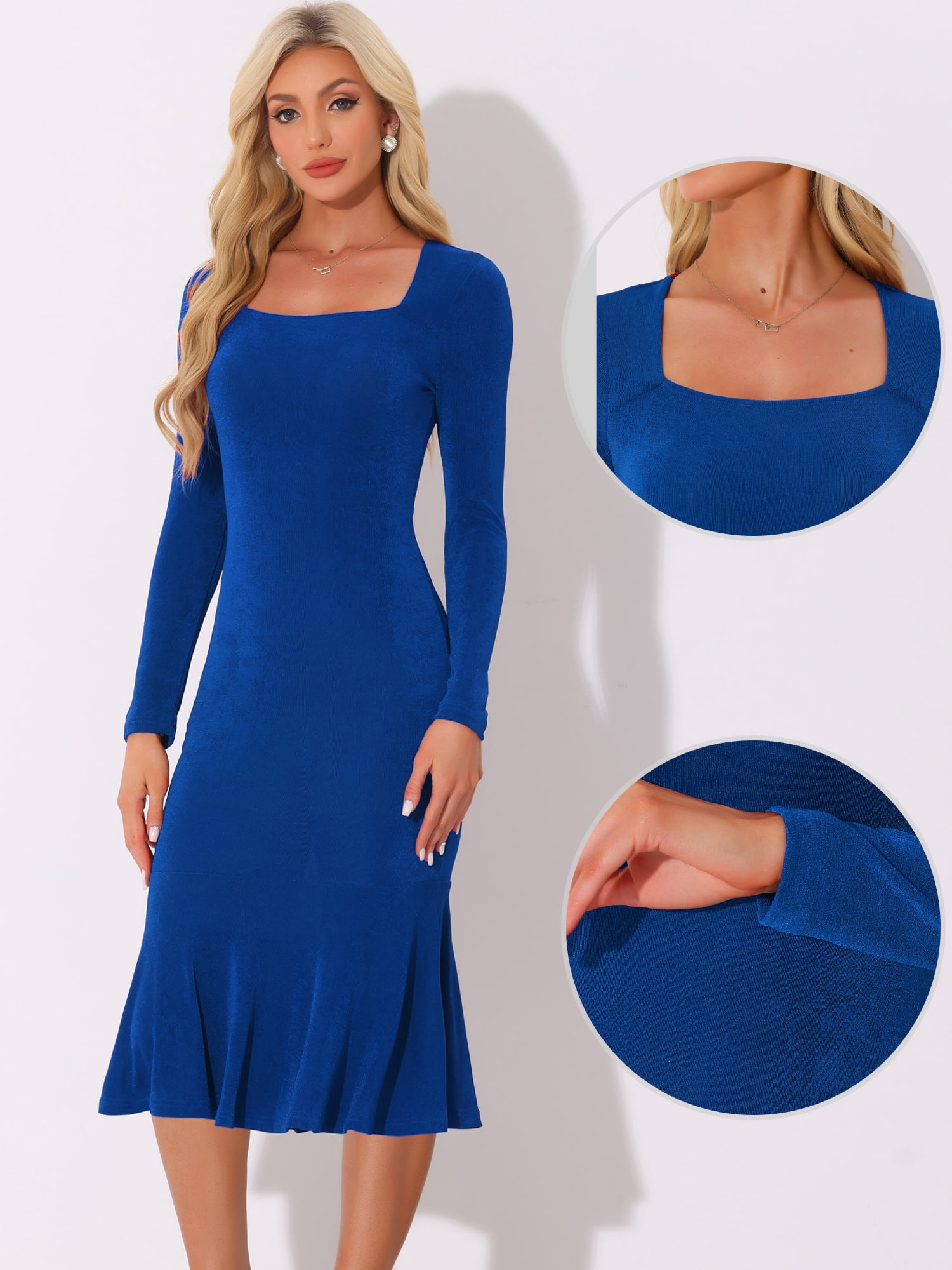DARING DIVA Long Sleeve Midi Square Neck Bodycon Dress L Blue
